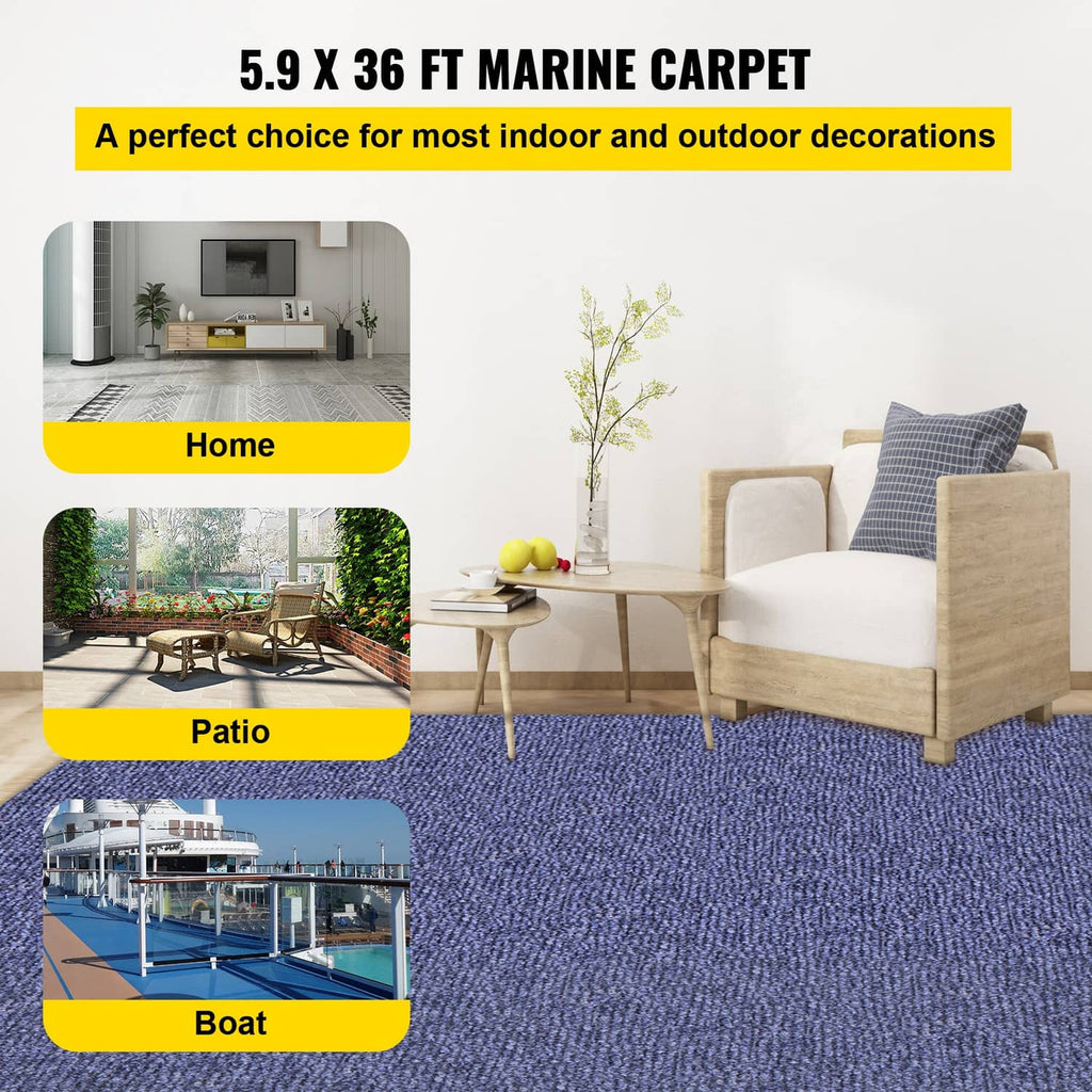 Blue marine carpet rug with cut-pile surface and rolled backing edge