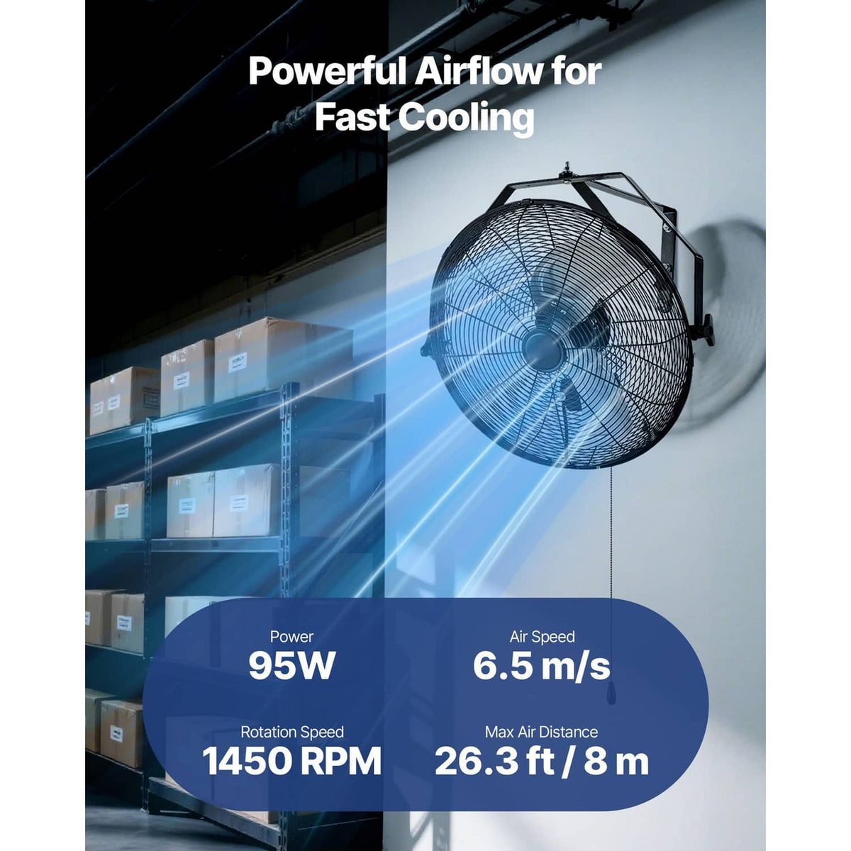 Industrial wall-mount fan blowing airflow from black wire grille with metal frame
