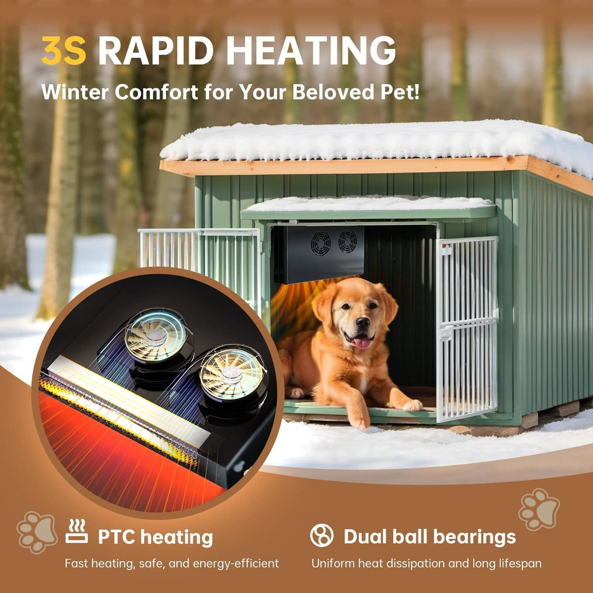 Outdoor dog house heater with black unit warming a dog inside an open kennel