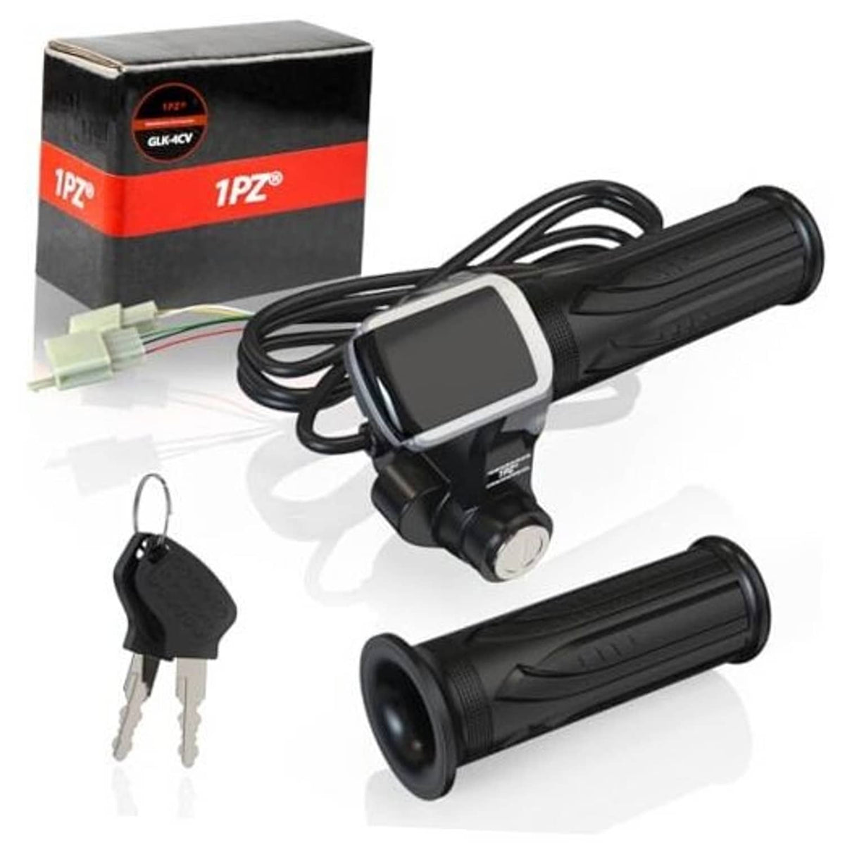 Electric bike twist throttle with LED display and black grip, with wiring pigtail