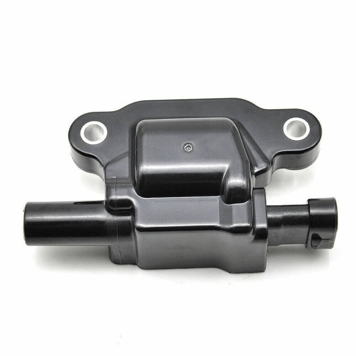 Black ignition coil module with mounting holes and cylindrical connector