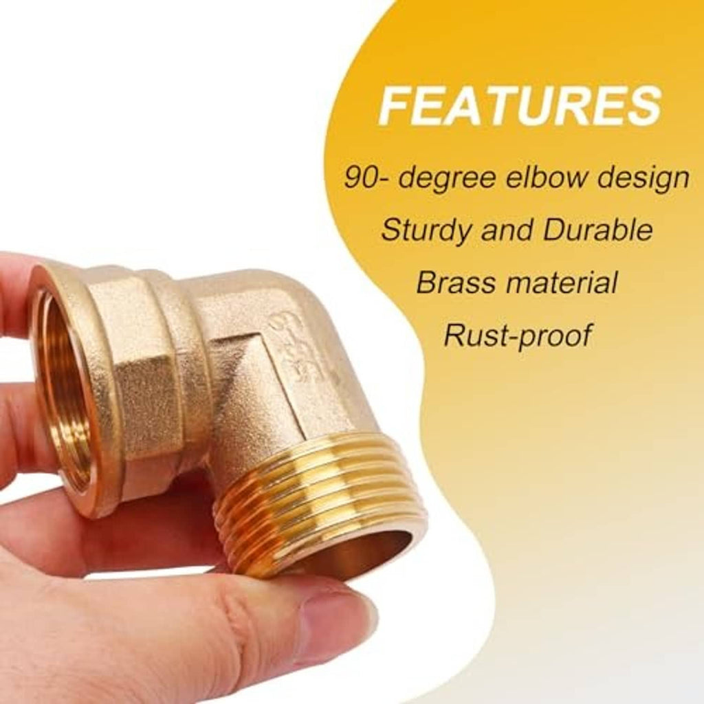 Brass 90-degree elbow pipe fitting held in hand, male-to-female NPT threads