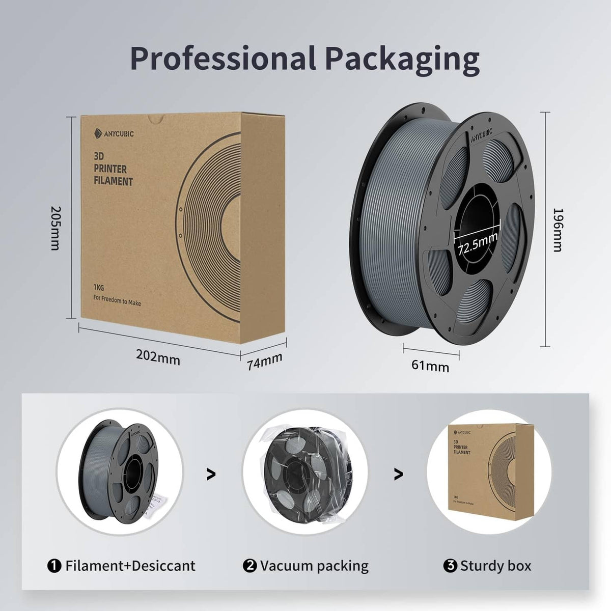 Grey PLA filament spool with kraft packaging box and product size diagrams