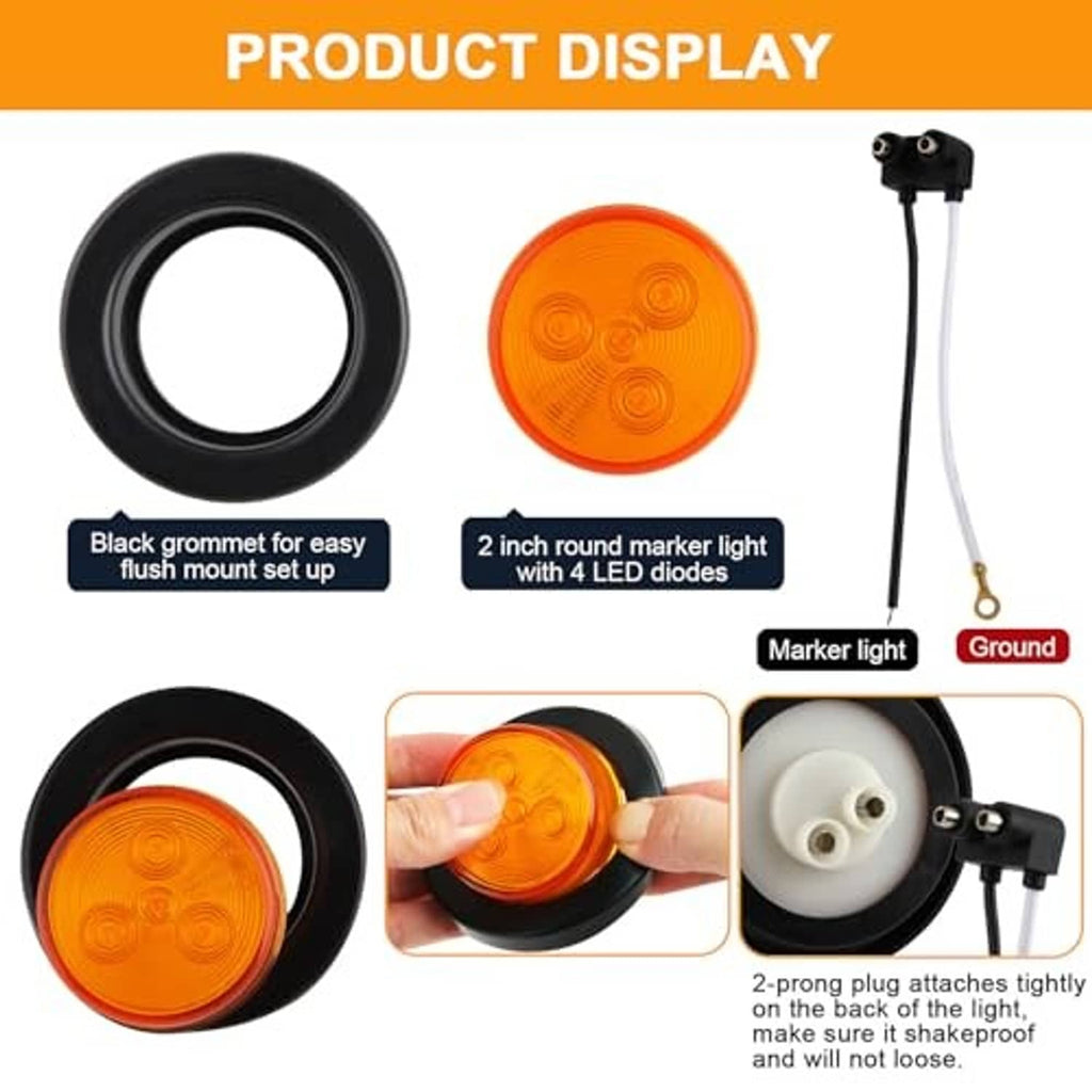 Amber 2-inch round LED marker light with black grommet ring and wire connections
