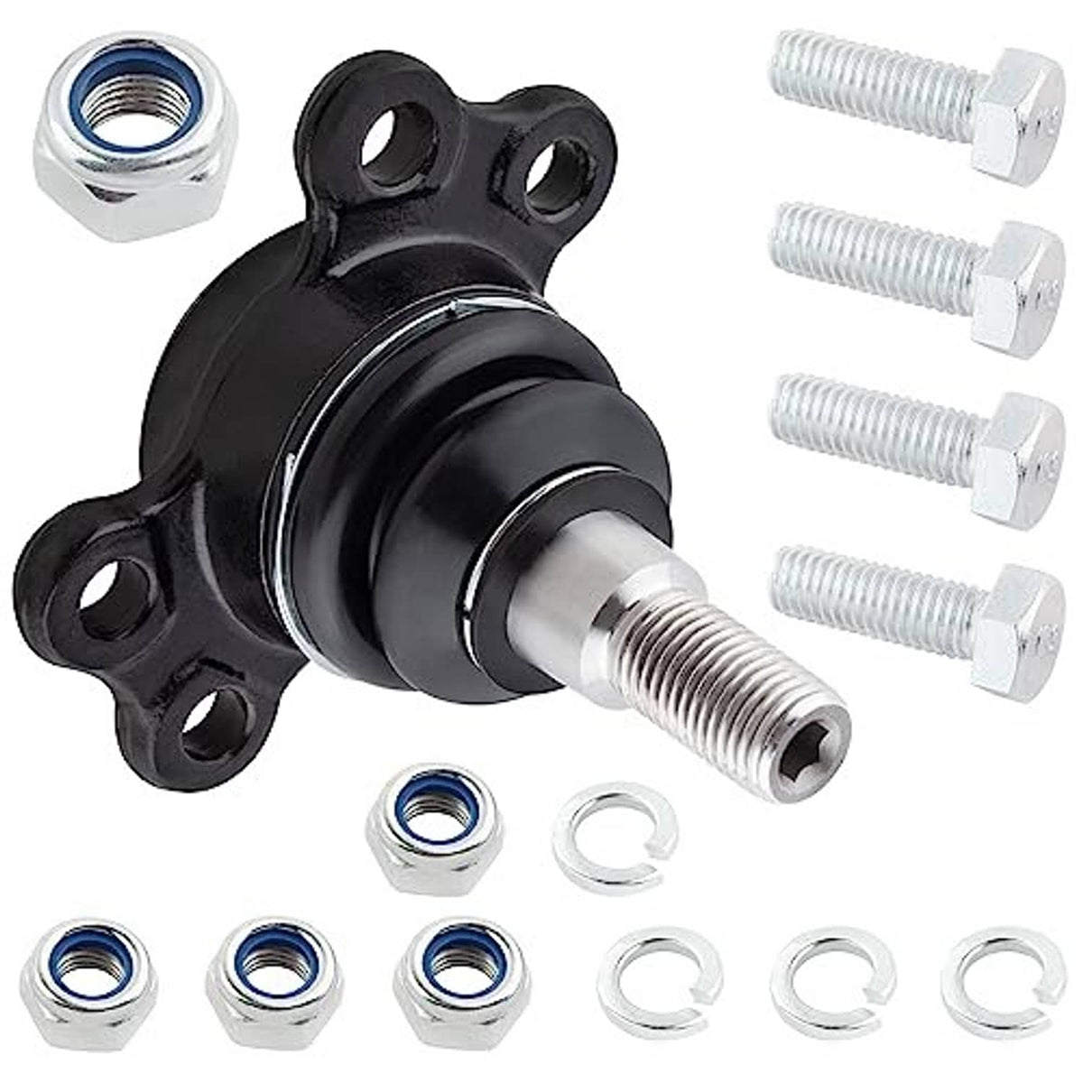 Front ball joint with black housing and metal threaded stud, plus hex nuts and washers