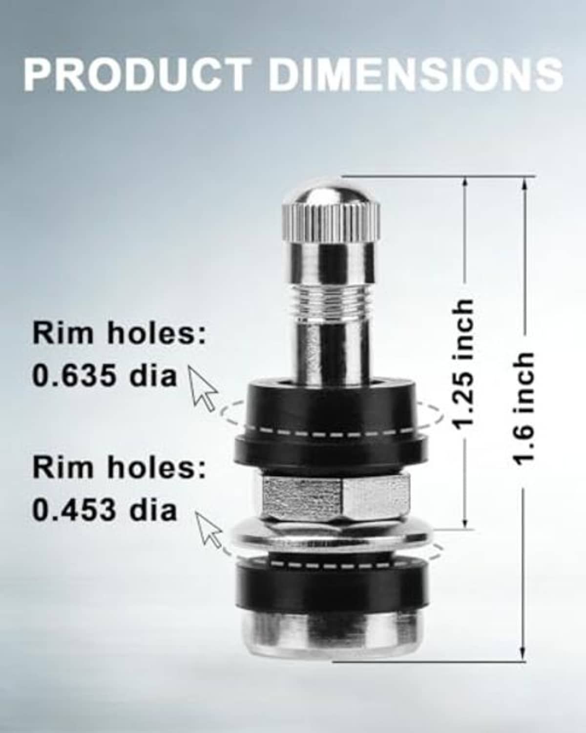 Metal clamp-in tire valve stem with black rubber base, shown with size measurements