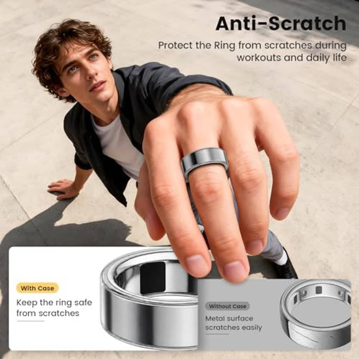 Silver-tone TPU ring cover on finger, protective sleeve for ring size 8