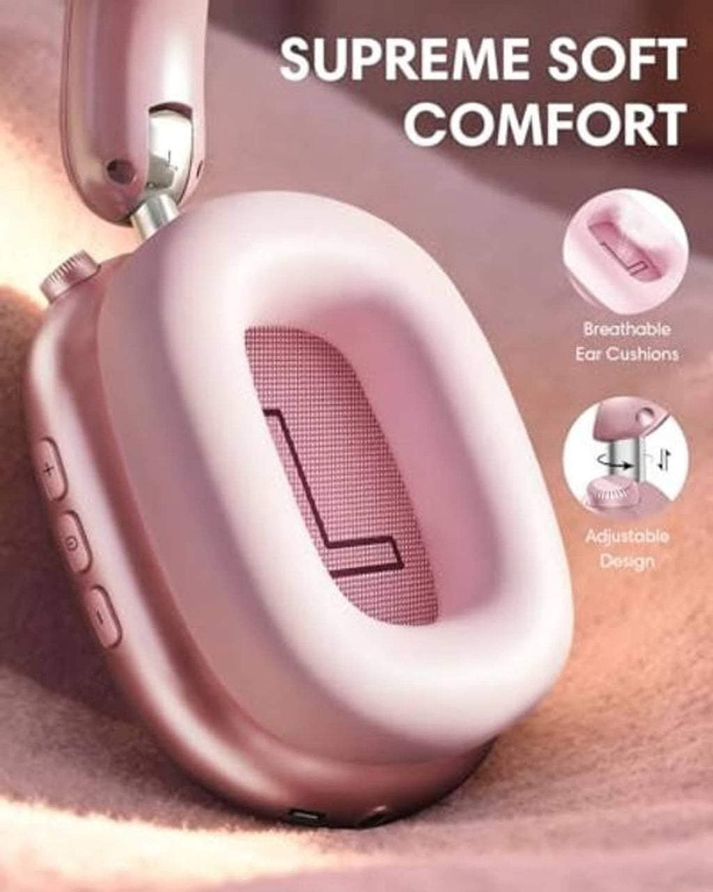 Pink over-ear headphones with breathable cushioned ear pads and speaker grille