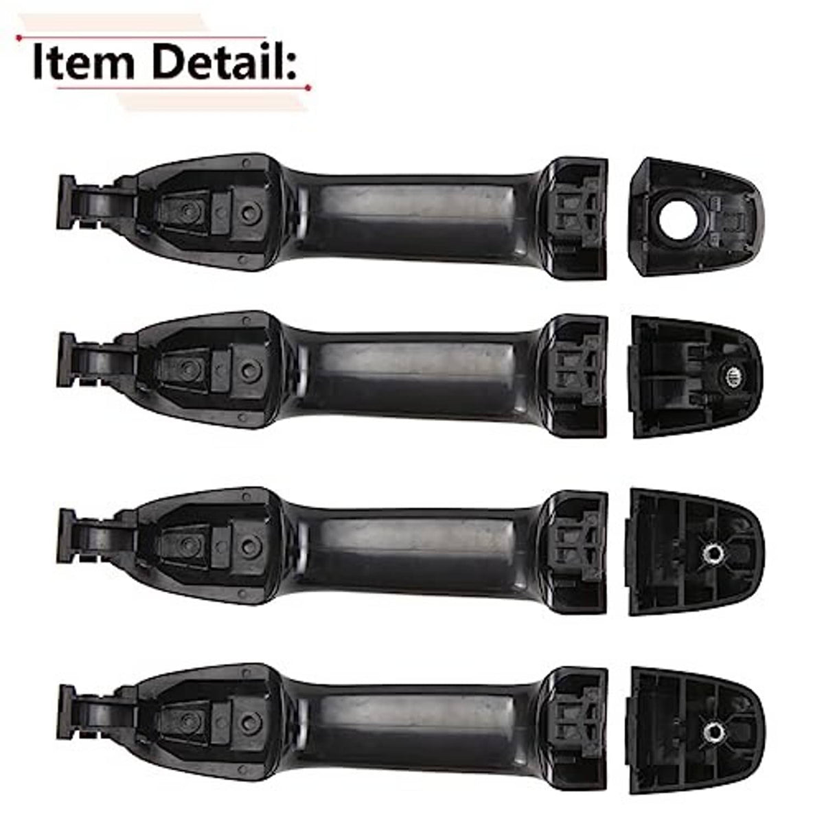 Black exterior door handle set with visible mounting hardware and inner housing pieces