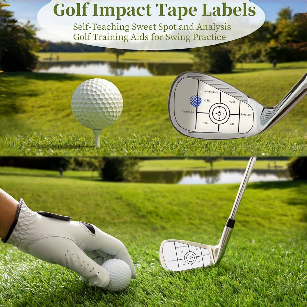 Golf impact tape labels on putter and iron heads with target grids on faces