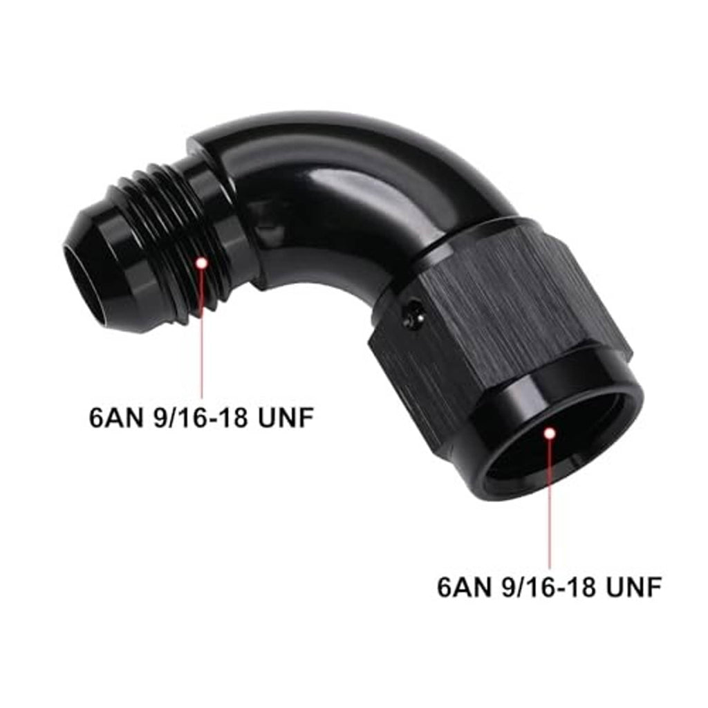 Black 90-degree AN adapter fitting, 6AN 9/16-18 UNF specification shown