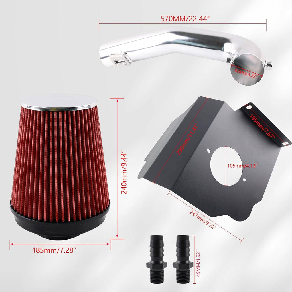 Red cone air filter and black heat shield with silver intake pipe, plus rubber fittings