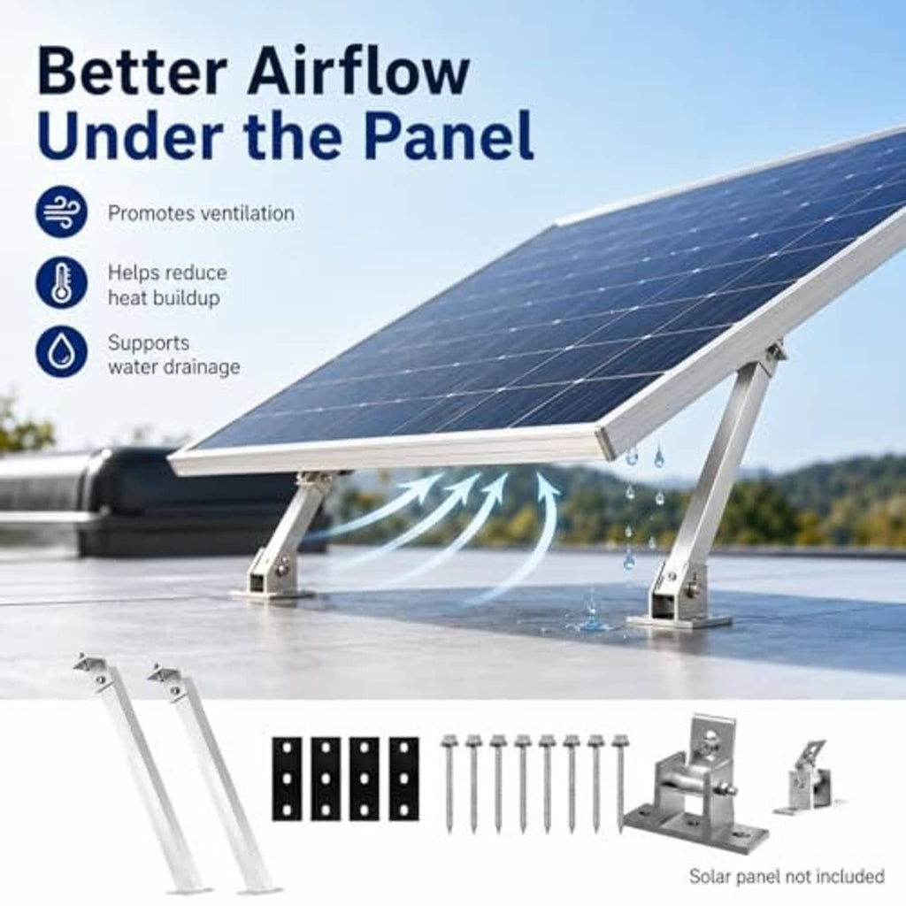 Solar panel tilt mounting stand with four silver foot brackets and adjustable rails on roof
