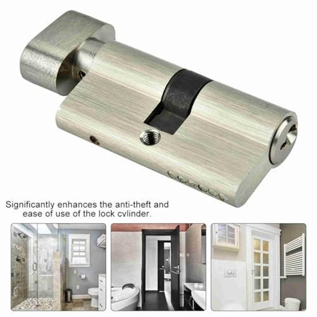 Brushed metal cylinder lock with keys; black band and round keyhole end