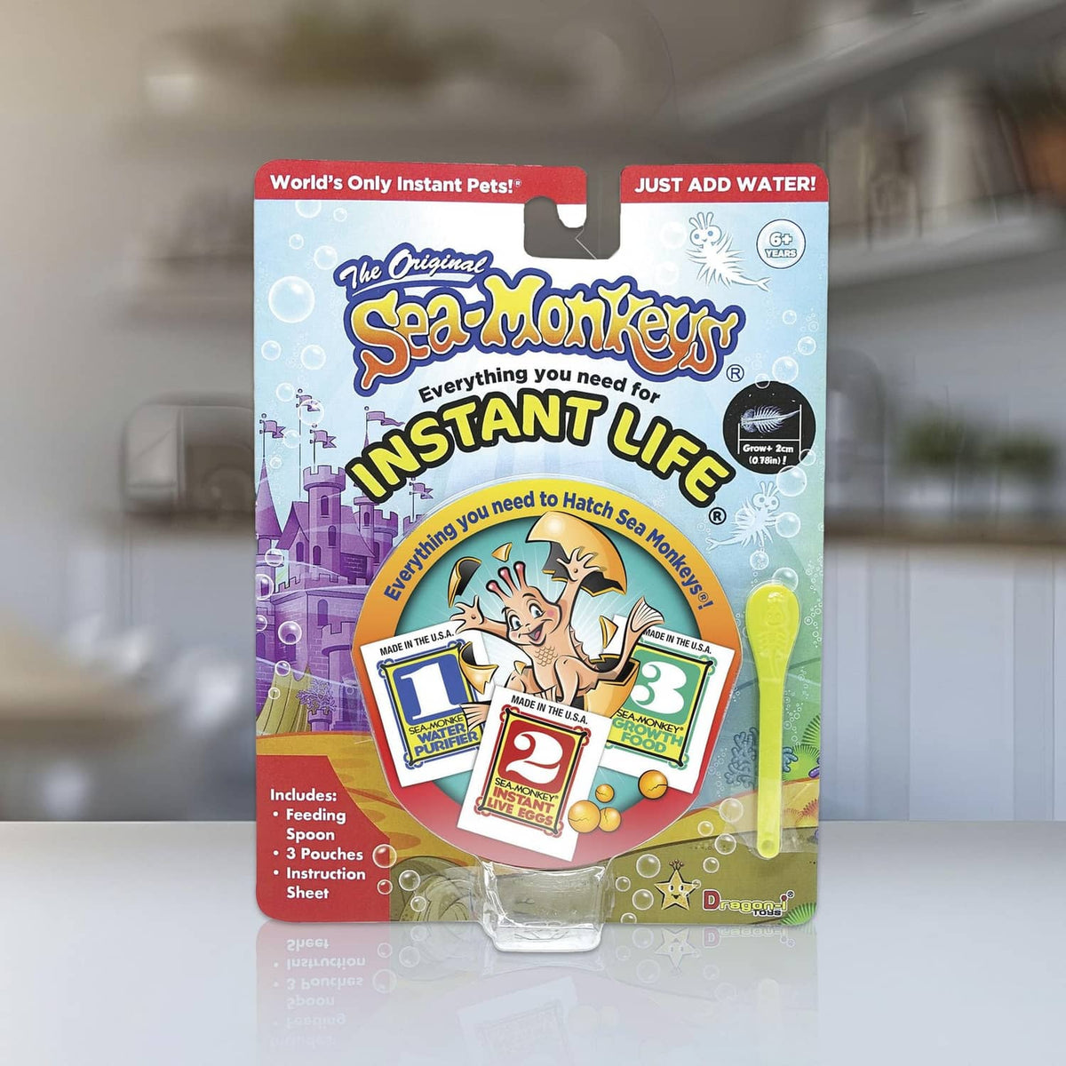 Sea-monkeys® Instant Life box showing Just add water and hatch instructions