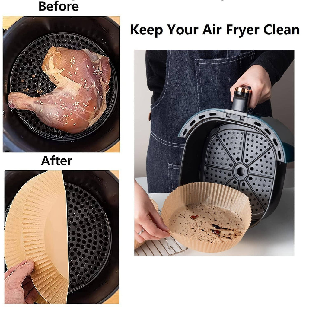 Round kraft paper air fryer liner placed in air fryer basket, disposable