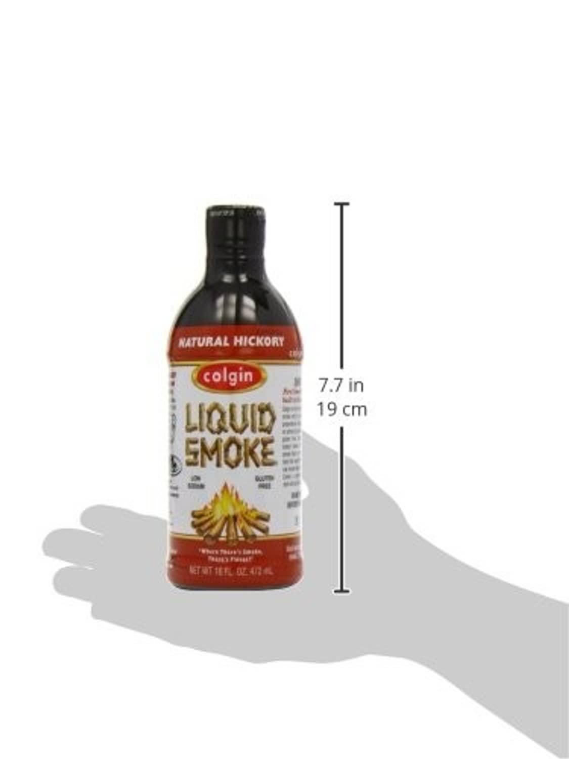 Colgin Liquid Smoke bottle with height size graphic, dark glass and red label stripe.