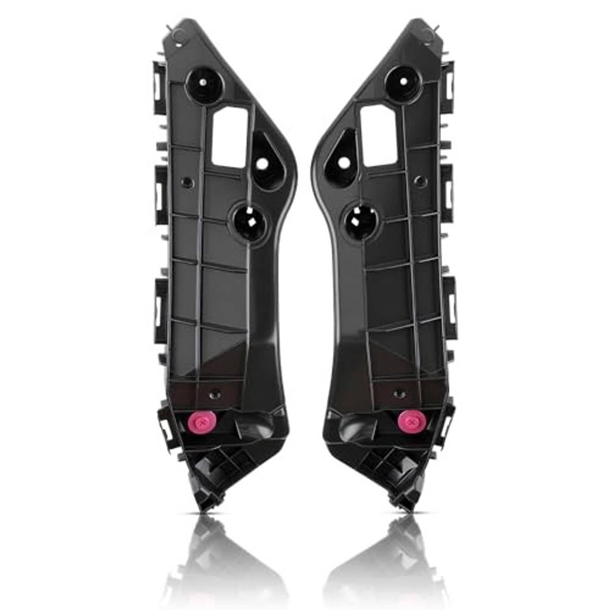 Black front bumper bracket pair with magenta clips and bolt holes