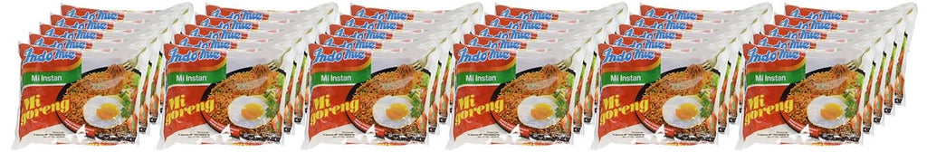 Multiple Indomie Mi Goreng instant noodle packets lined up, export product