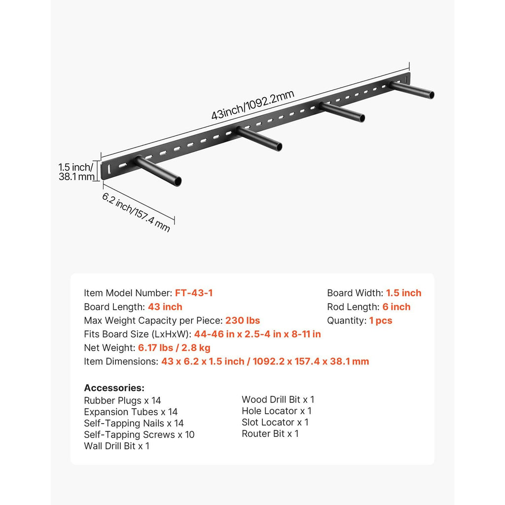 Floating shelf bracket with 4.3 in rail length markings and support rods, black steel