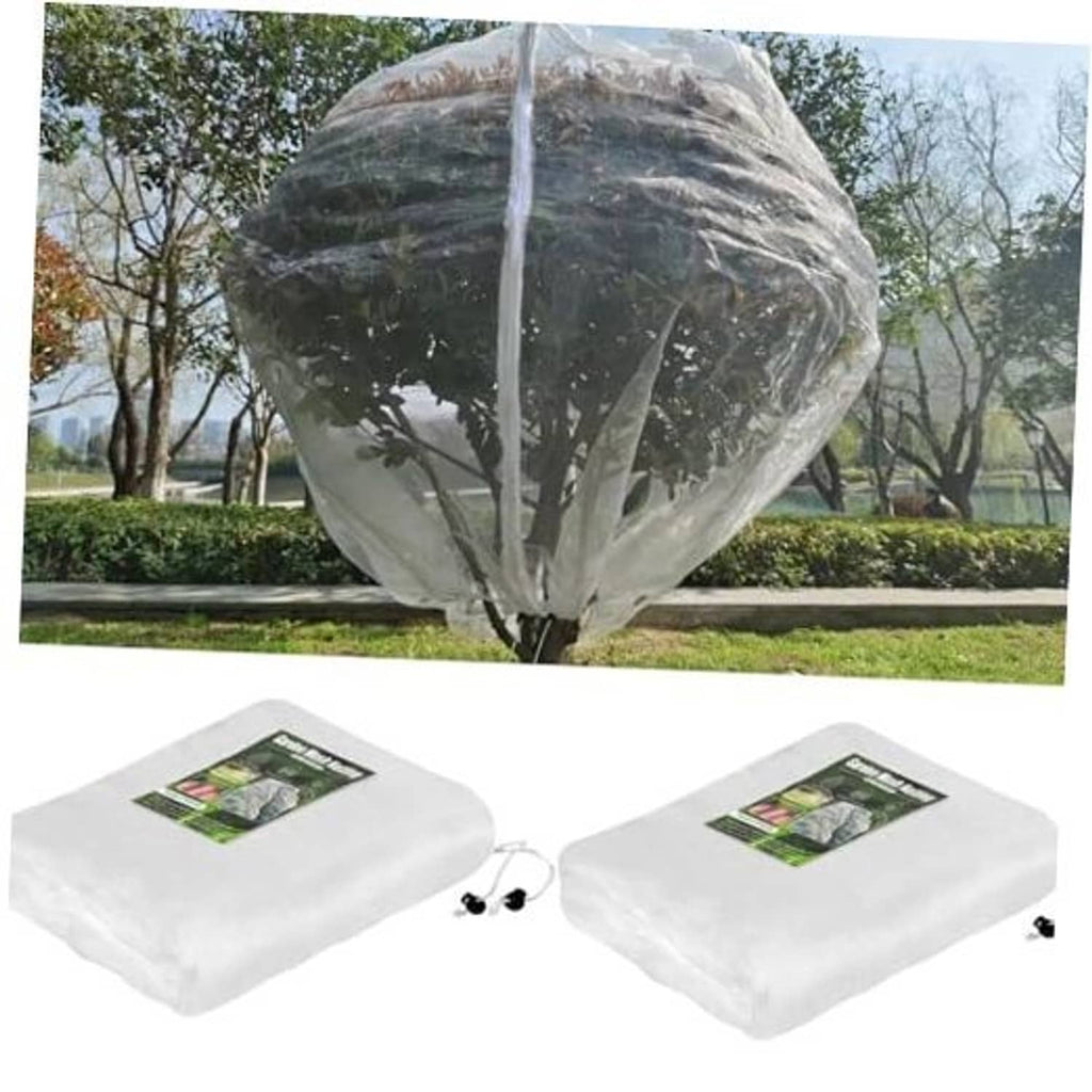 Fruit tree netting bags (2-pack), white nylon mesh with zipper and drawstring, folded