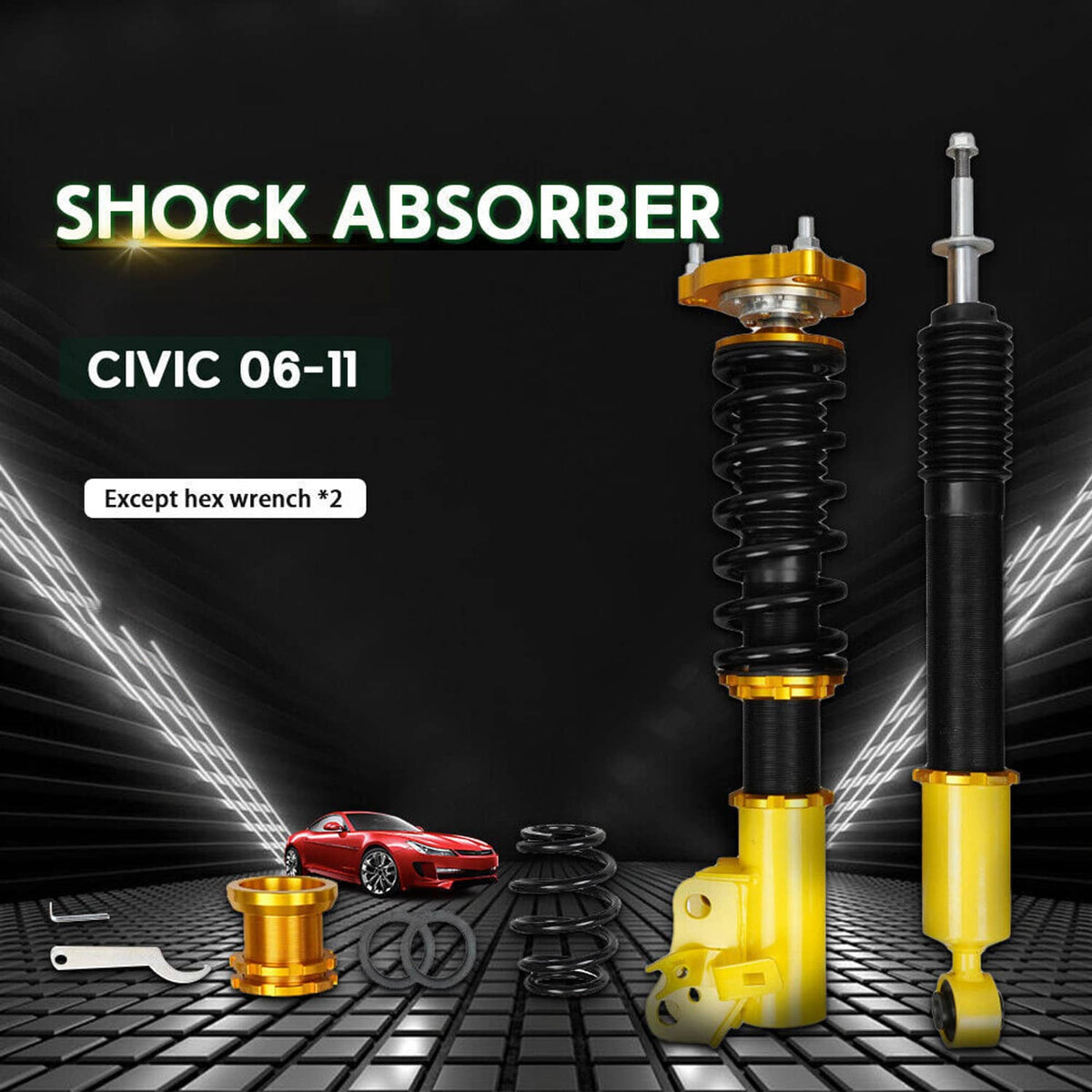 Adjustable coilover shocks pair with black springs, yellow cylinders, and gold top adjuster rings