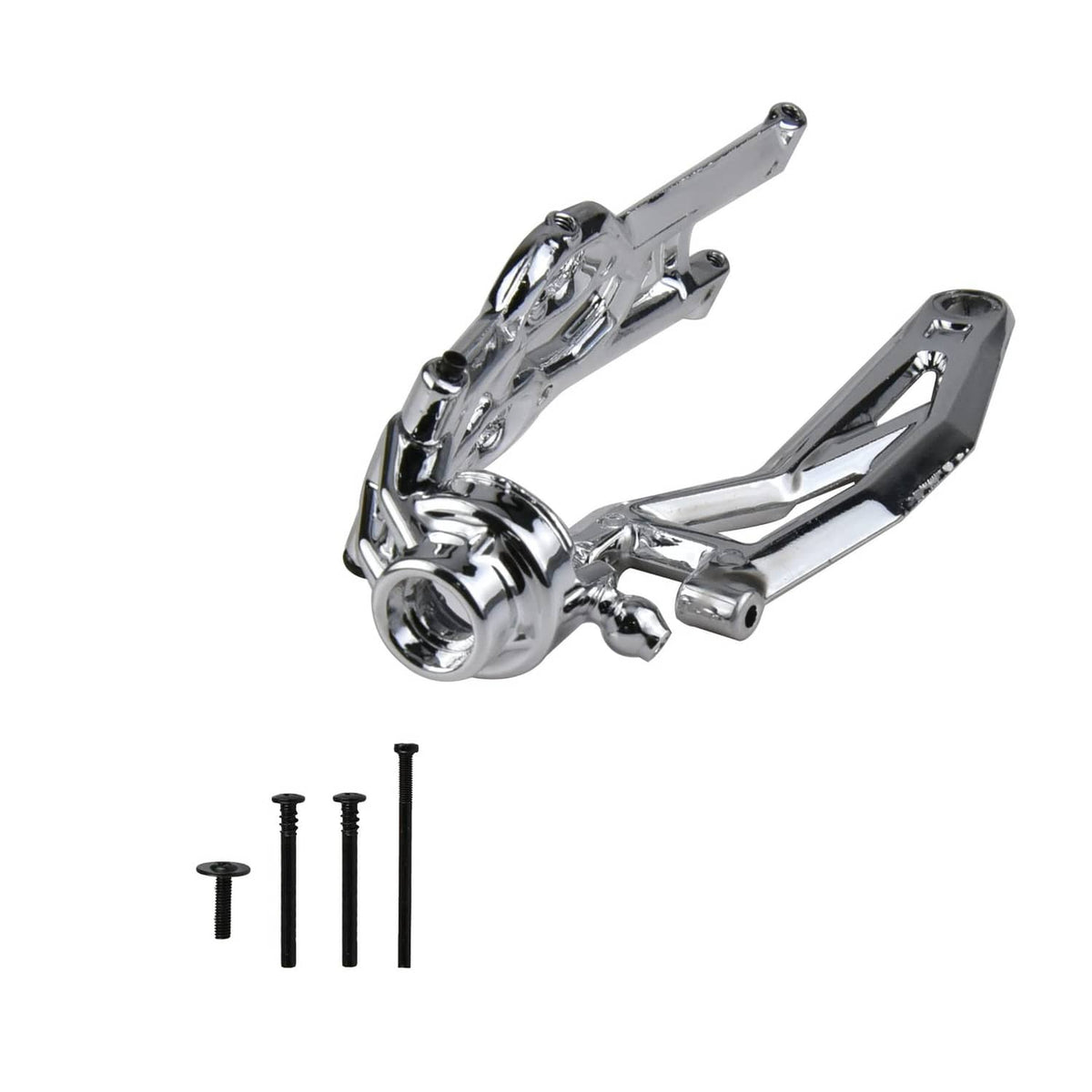 Silver RC car rear rocker arm assembly with link arms and hub mount