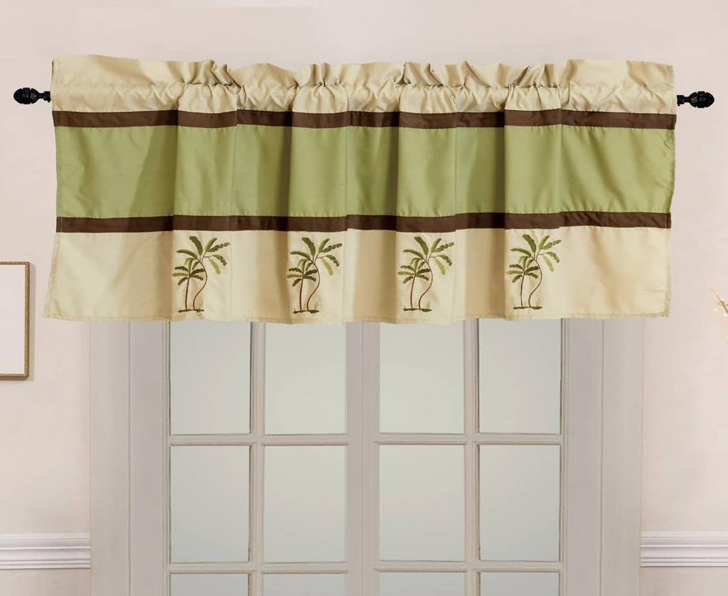 Sage and beige striped valance with palm tree embroidery and gathered top ruffle