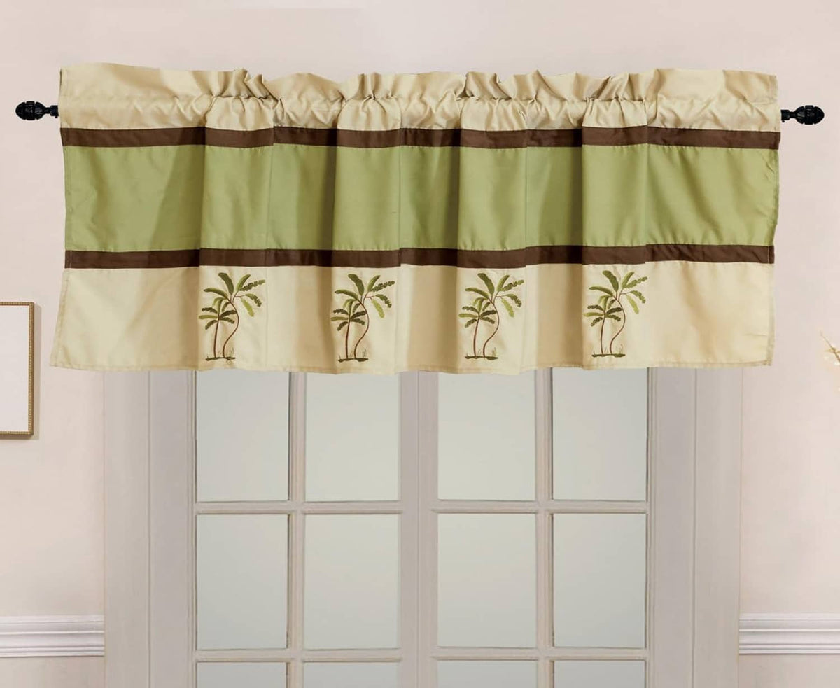 Sage and beige striped valance with palm tree embroidery and gathered top ruffle