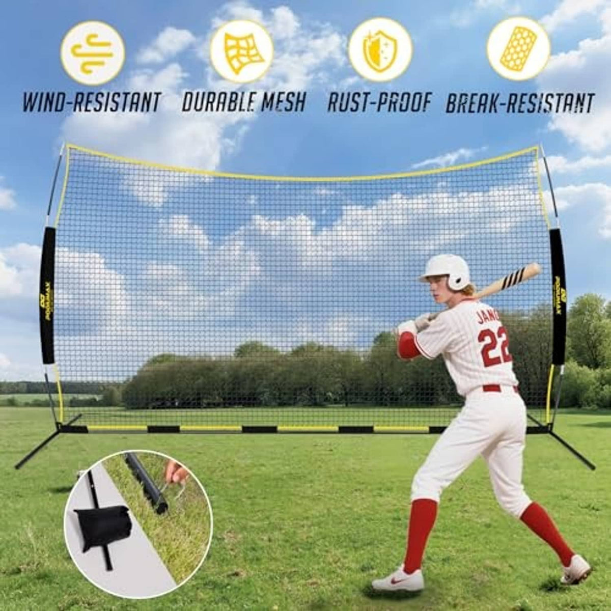 Baseball backstop net with yellow-trim frame and mesh panel on four black legs