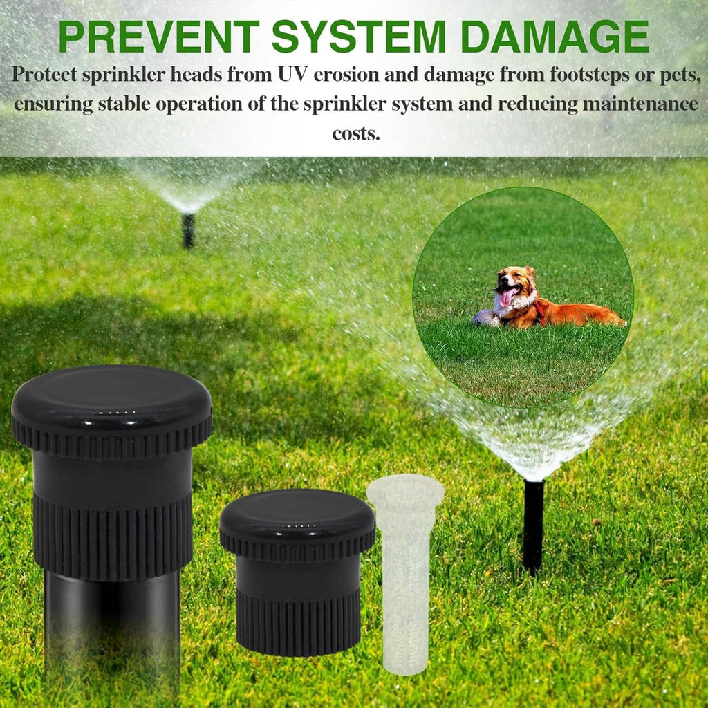 Black sprinkler shutoff nozzle set with white cap inserts on grass