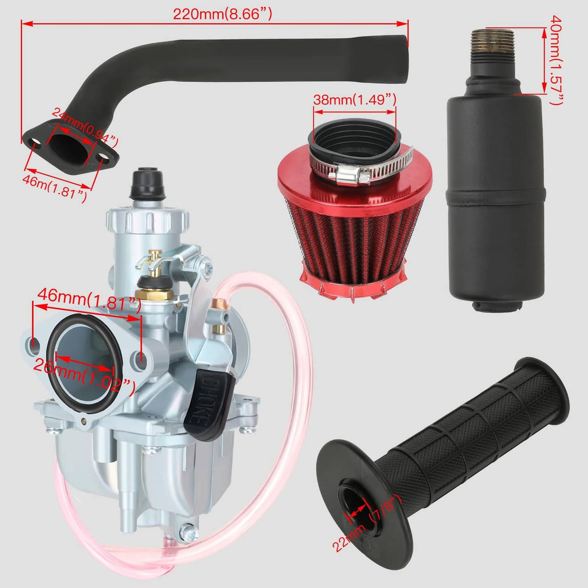VM22 carburetor, red air filter, exhaust muffler and black pipe with size callouts