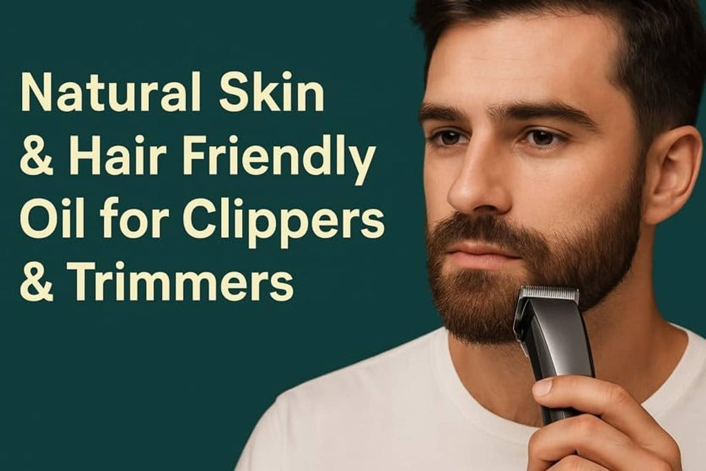 Beard trimmer held by a man, for skin- and hair-friendly oil use
