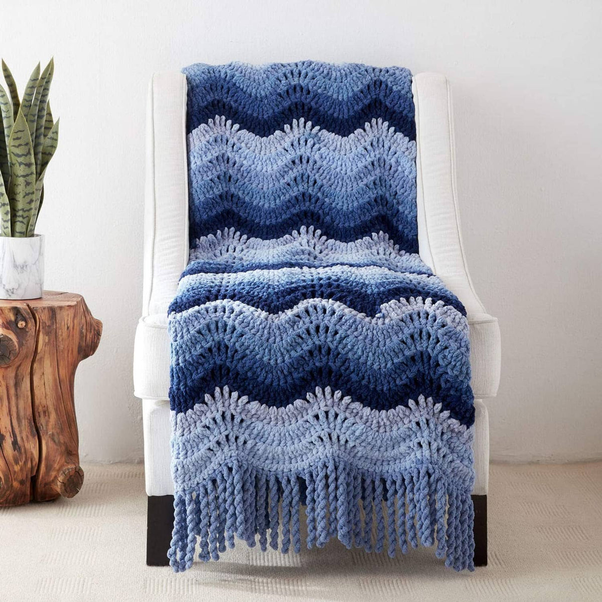 Wavy chevron crochet blanket throw, blue ombre with white, textured stitches and fringe