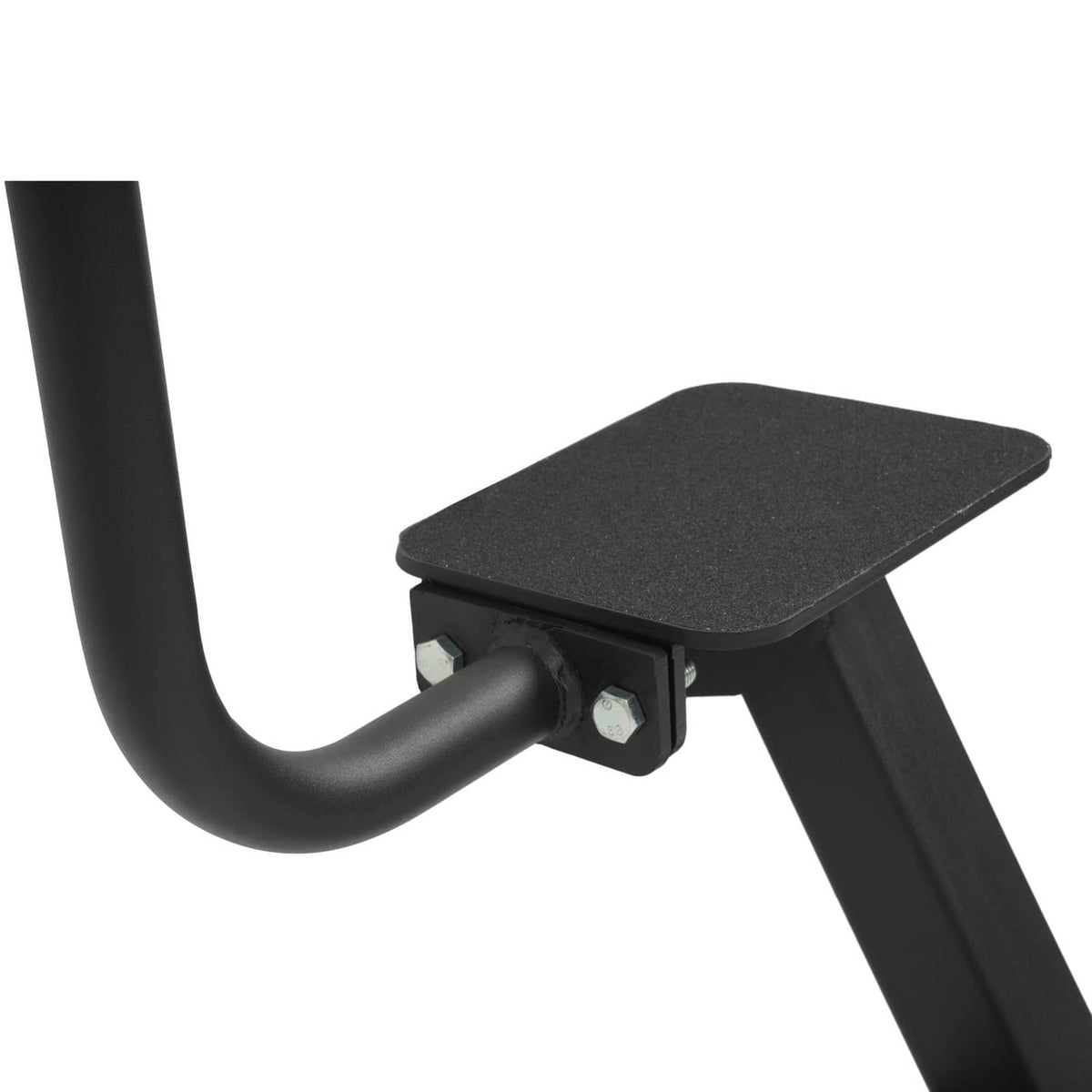 Side view of black ladder step with anti-slip pad and mounting bolt connection