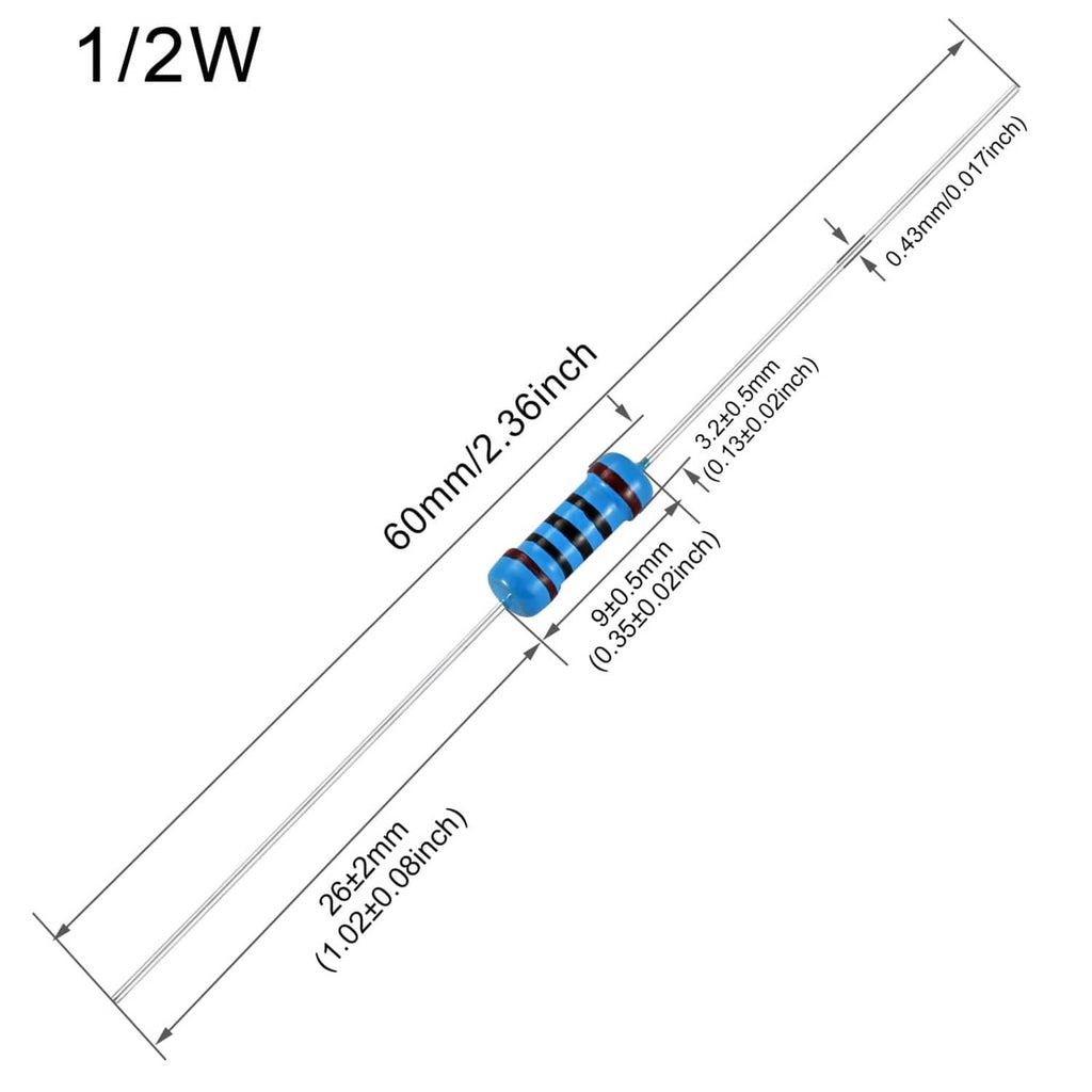 1/2W axial metal film fixed resistor size diagram, length and width marked