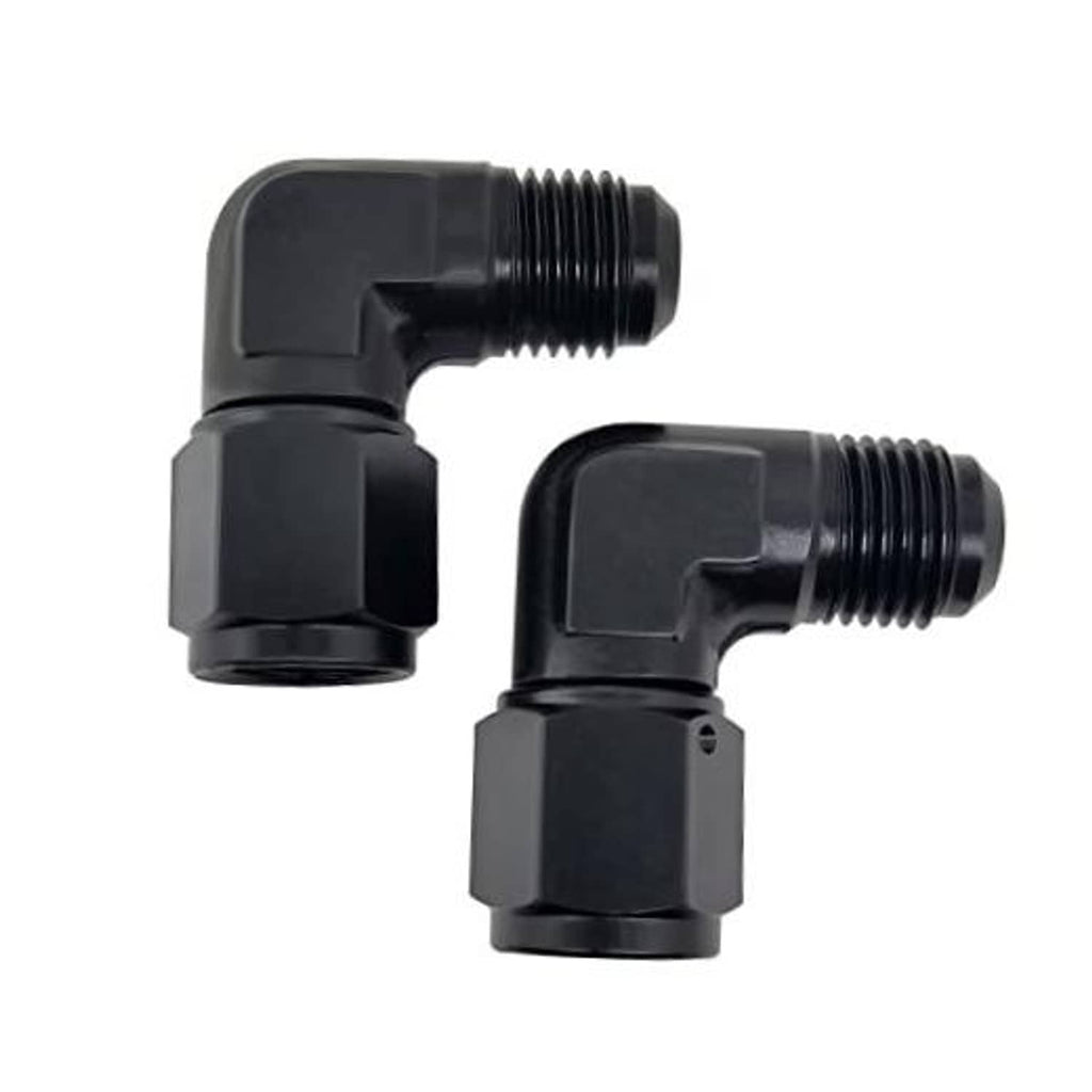 Black 90-degree AN male-to-female flare fitting adapter, double-piece set