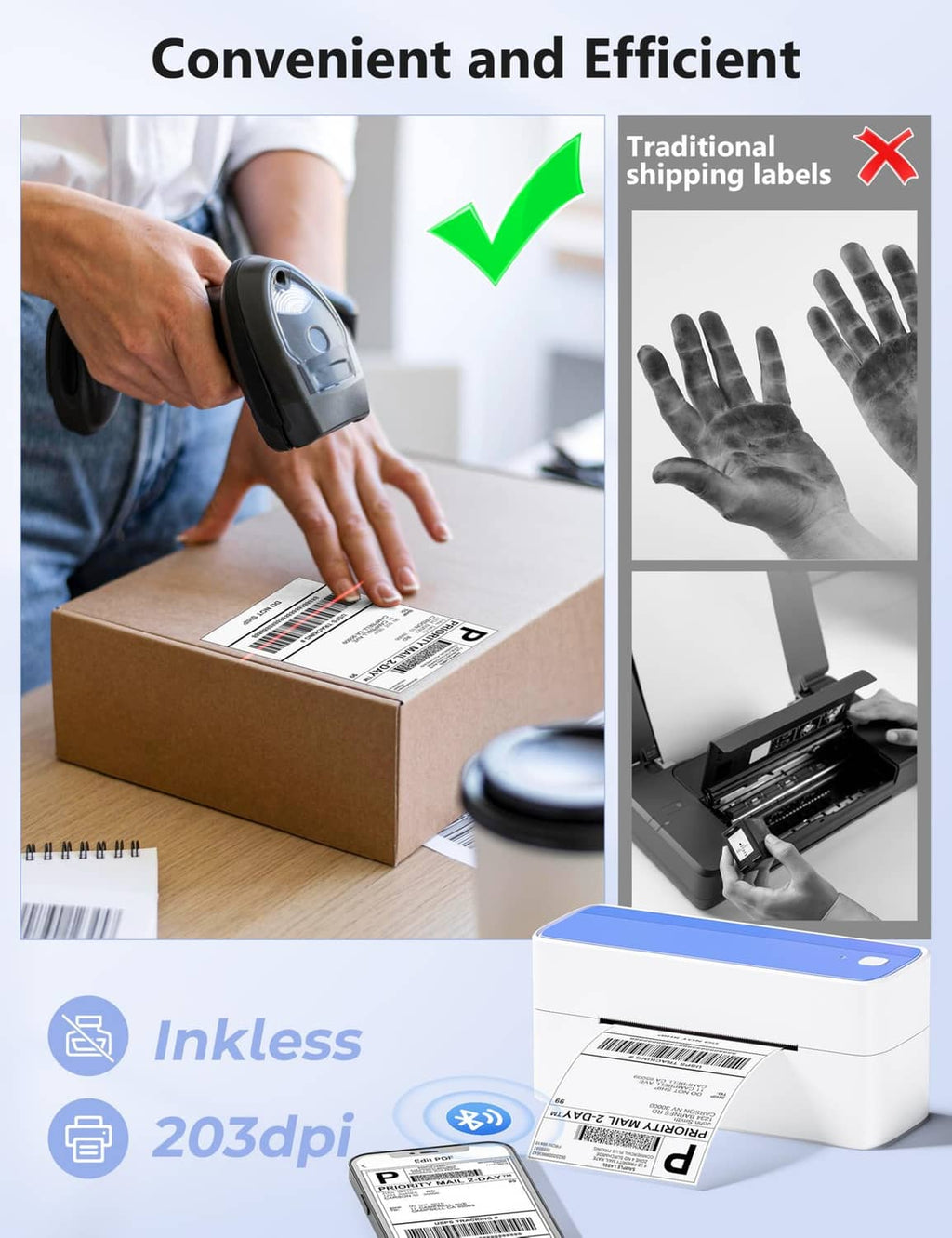 White and blue thermal label printer with a shipping label and QR-style print