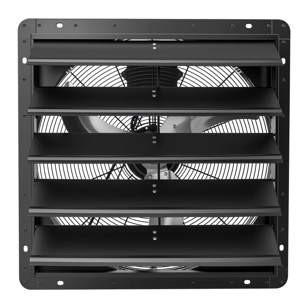Wall-mounted shutter exhaust fan with louver blades and fan grille, dark gray/black