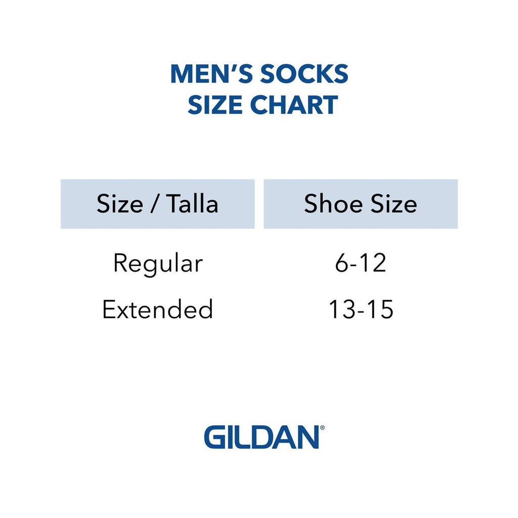 GILDAN men's socks size chart: shoe size 6-12 regular, 13-15 extended