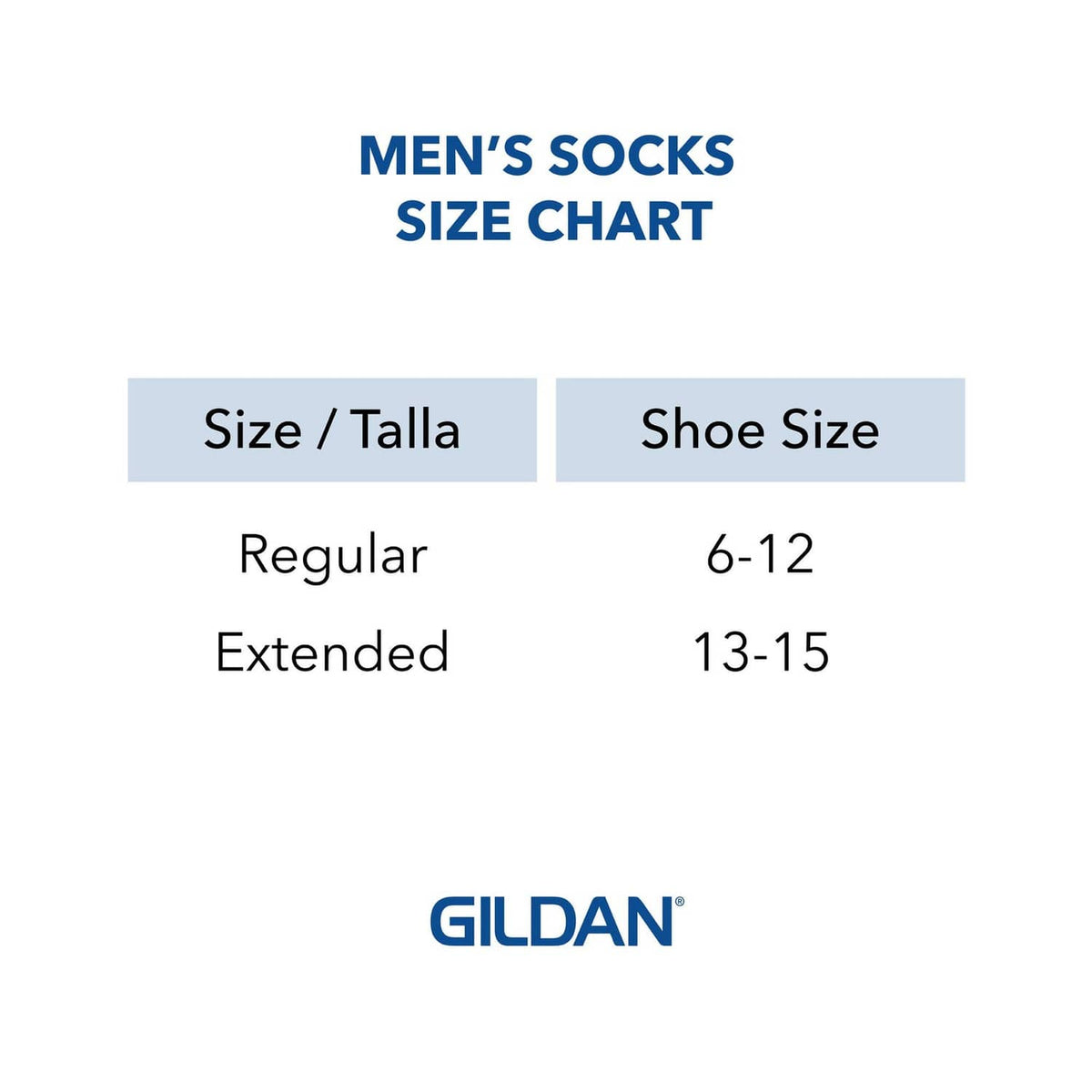 GILDAN men's socks size chart: shoe size 6-12 regular, 13-15 extended