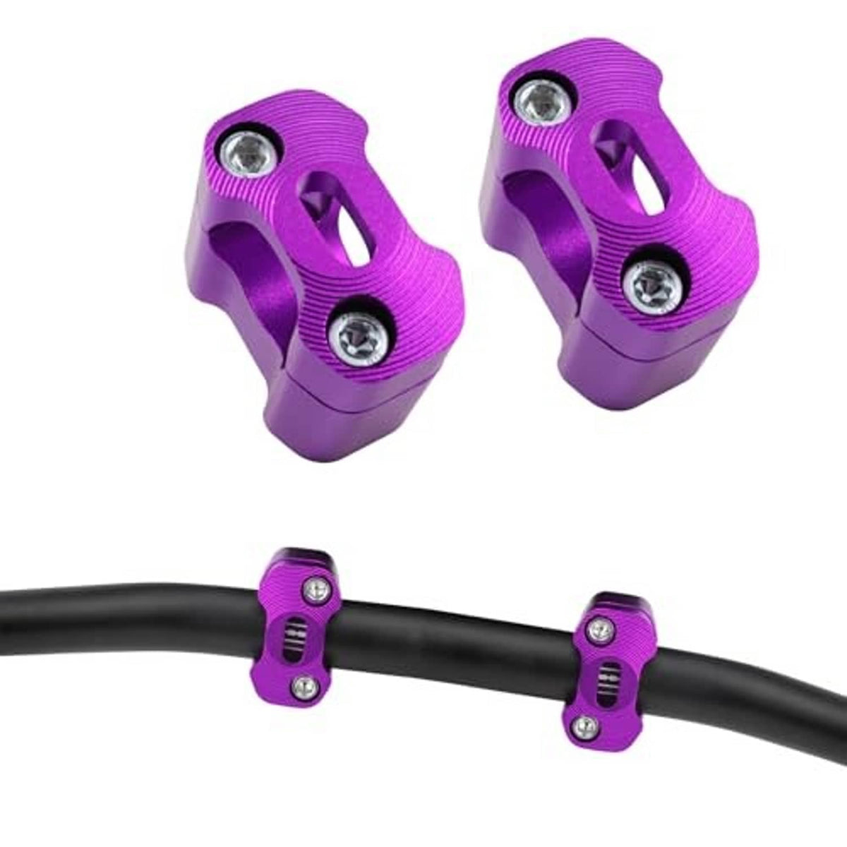 Purple CNC motorcycle handlebar clamps installed on black handlebars with mounting bolts