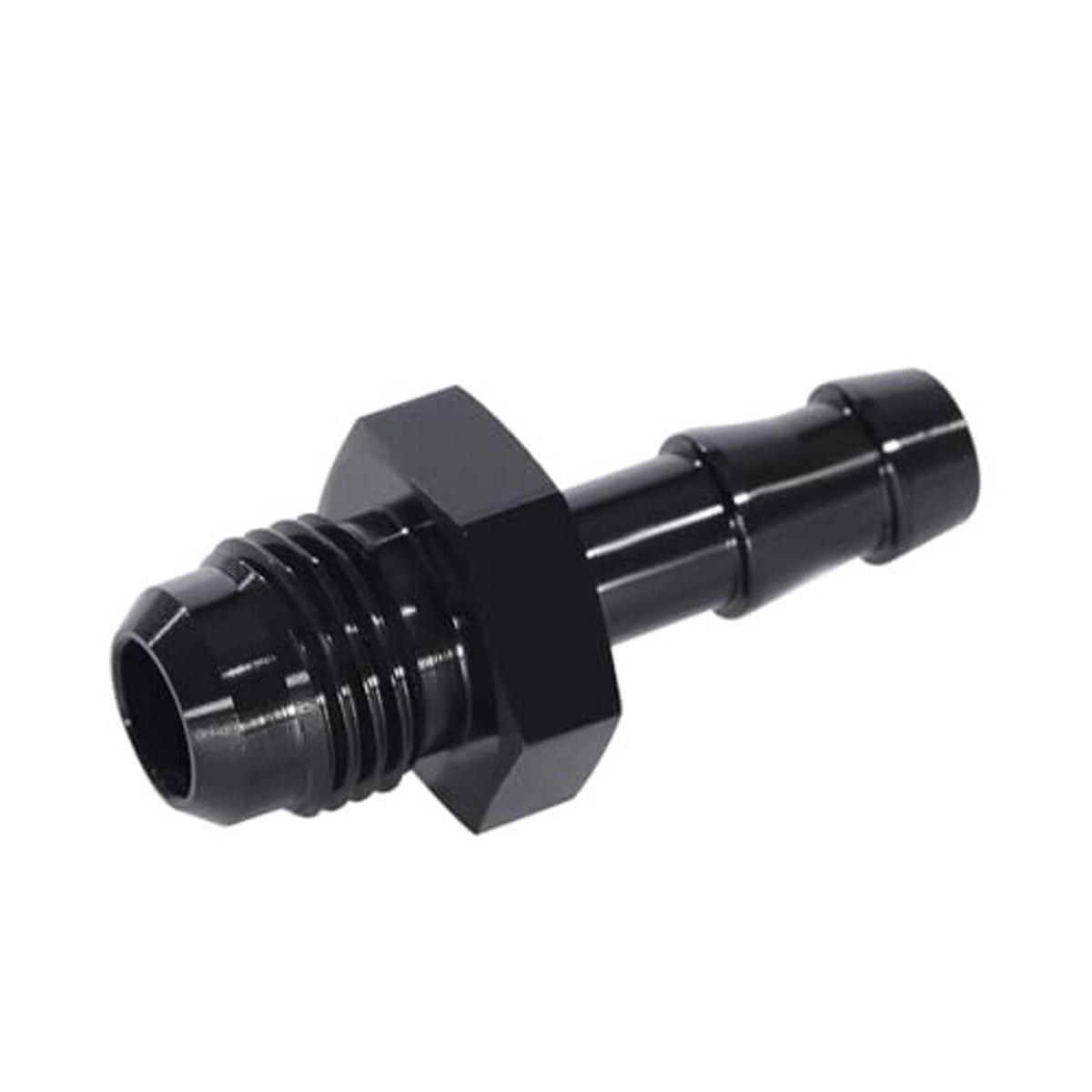 Dark hose fitting adapter angled view with hex collar and barbed outlet