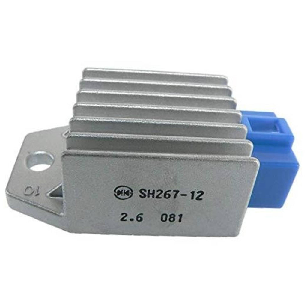 Metal regulator rectifier with blue 4-pin connector and heat sink, SH267-12 marking