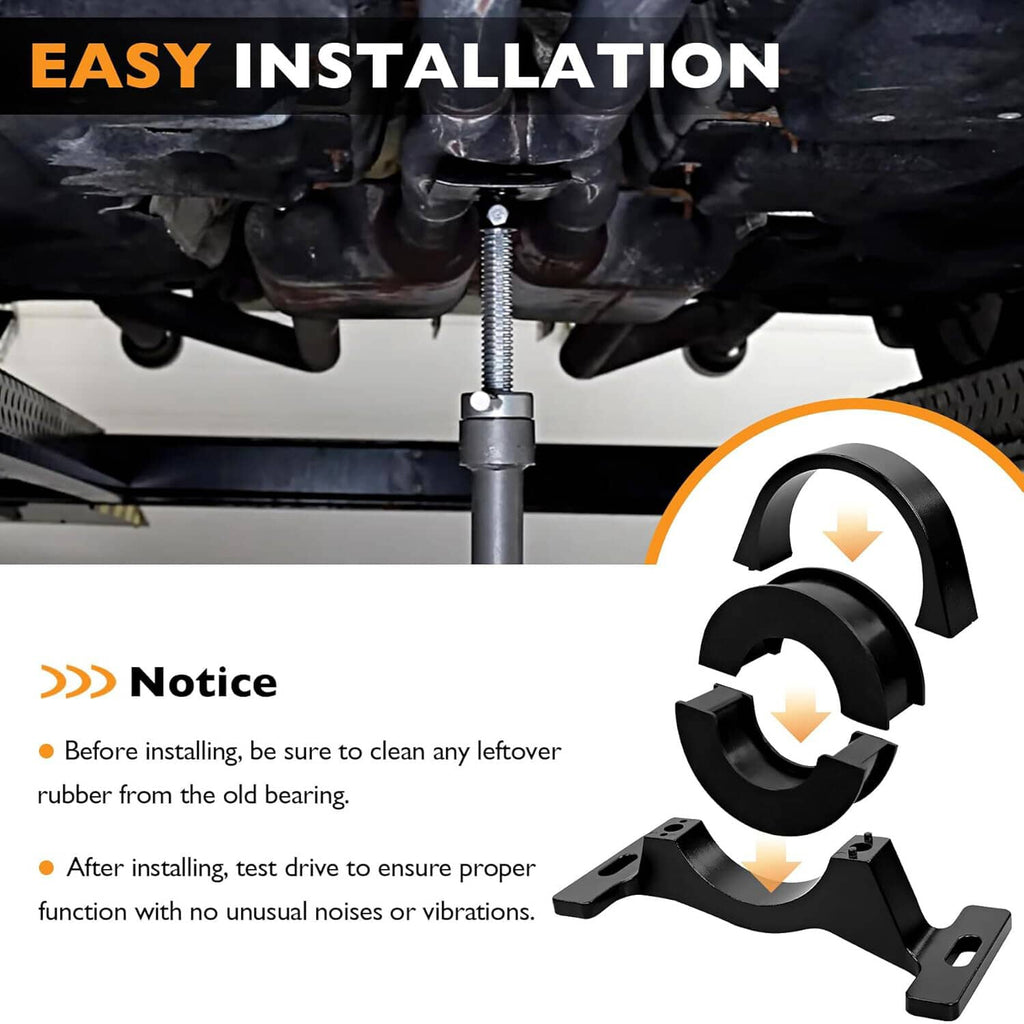 Black center bearing support bracket with rubber inserts, shown for installation