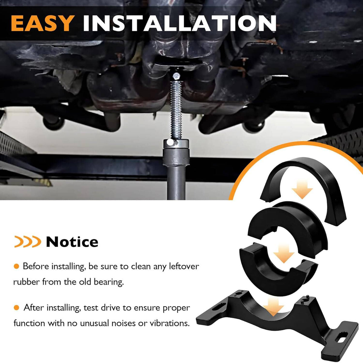 Black center bearing support bracket with rubber inserts, shown for installation
