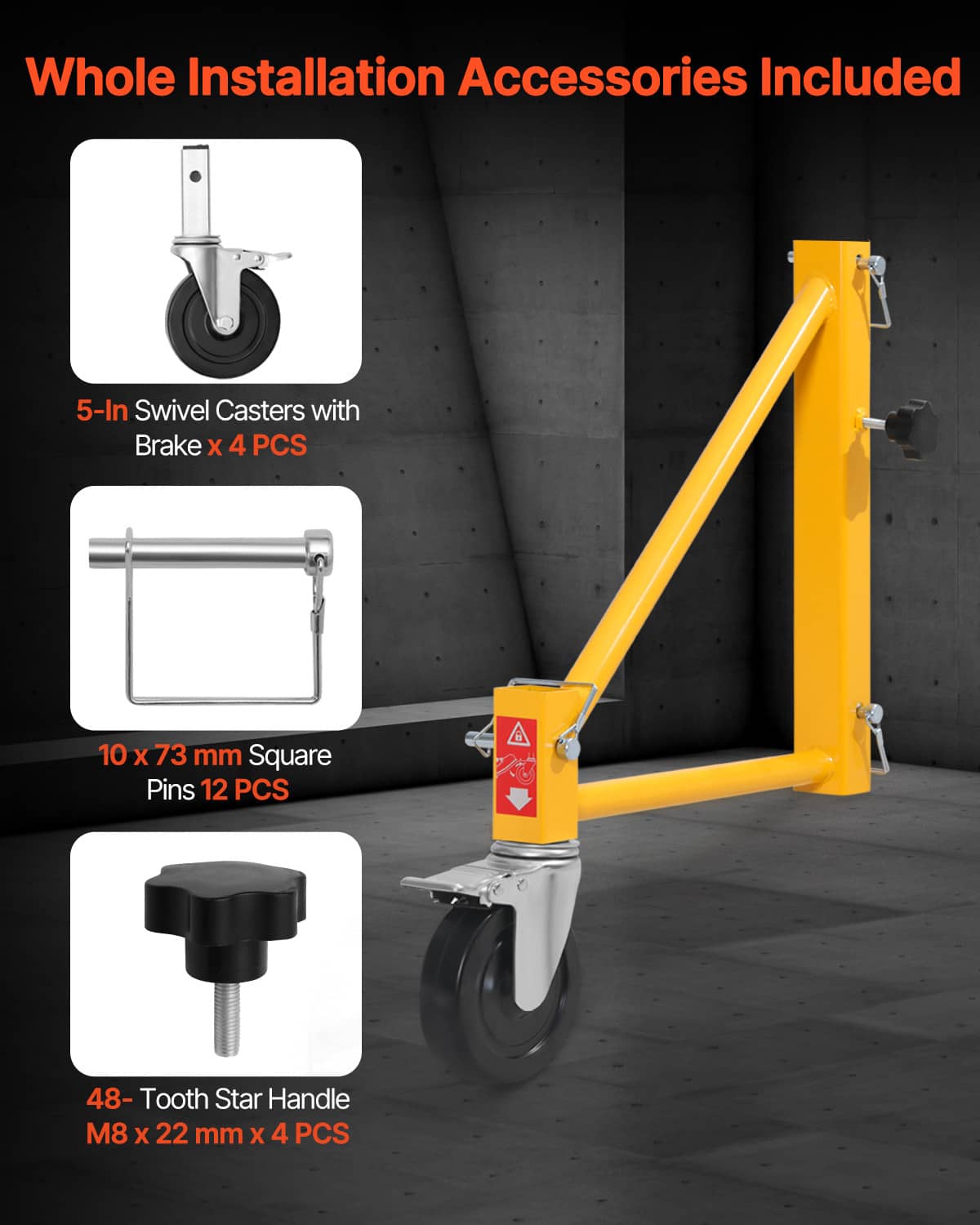 Yellow scaffolding outrigger with 5-inch swivel caster wheel and pin-style handle