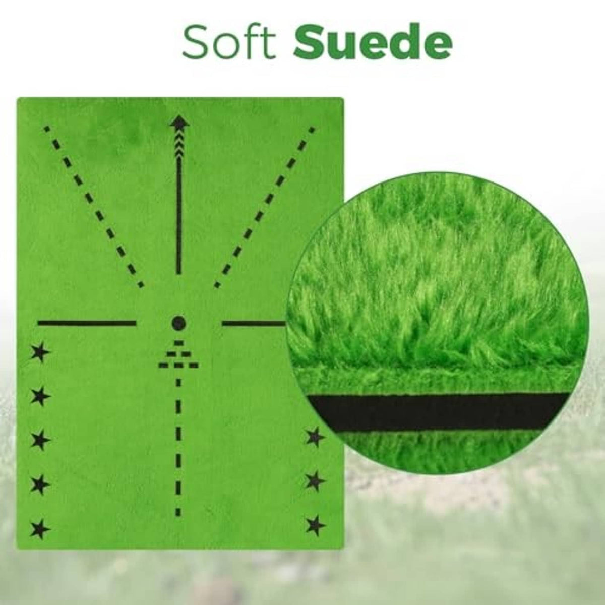 Golf hitting mat green suede-like hitting surface with dashed alignment target lines