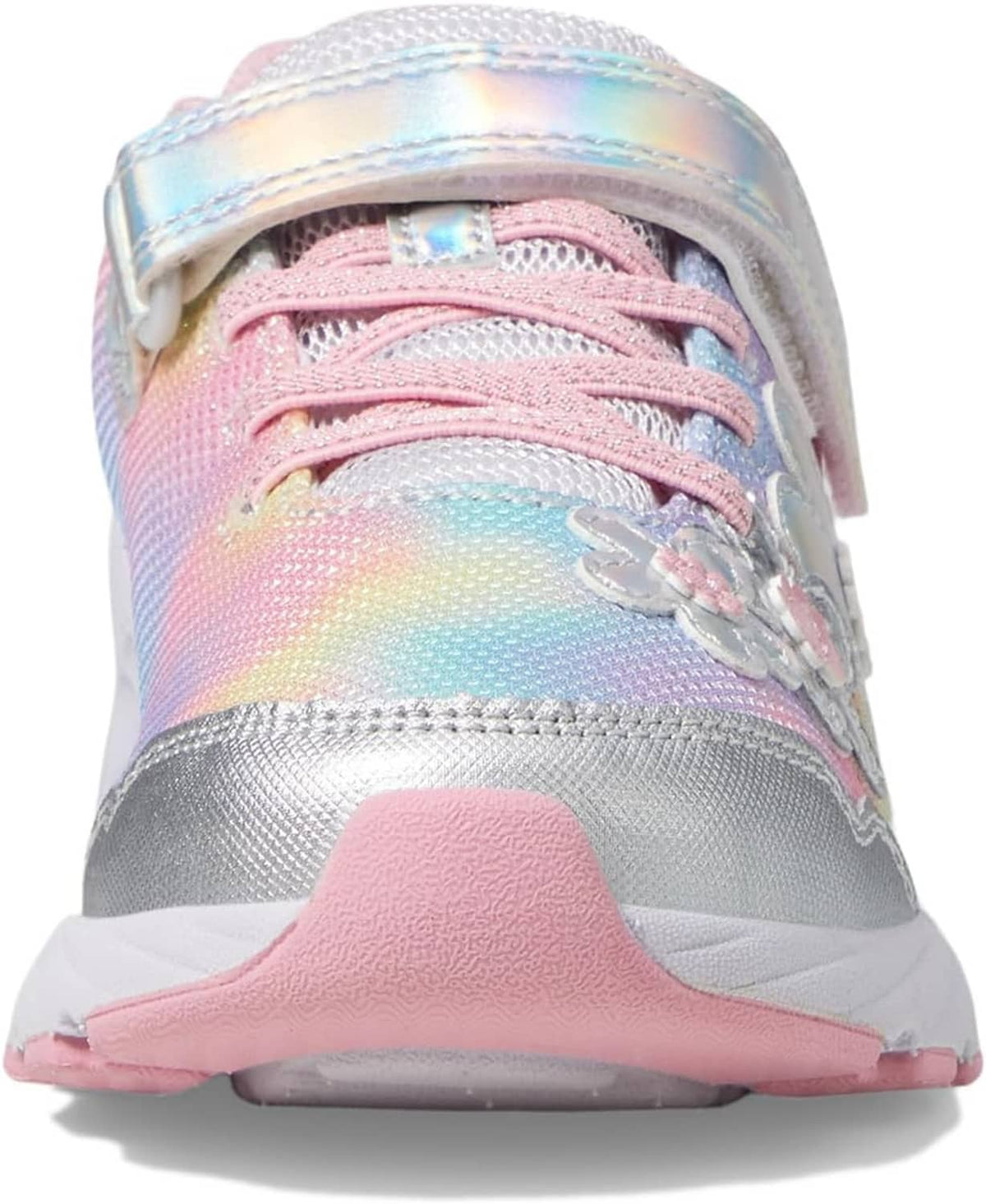 Kids iridescent sneaker toe with pink laces, mesh texture, and butterfly detail near the side.