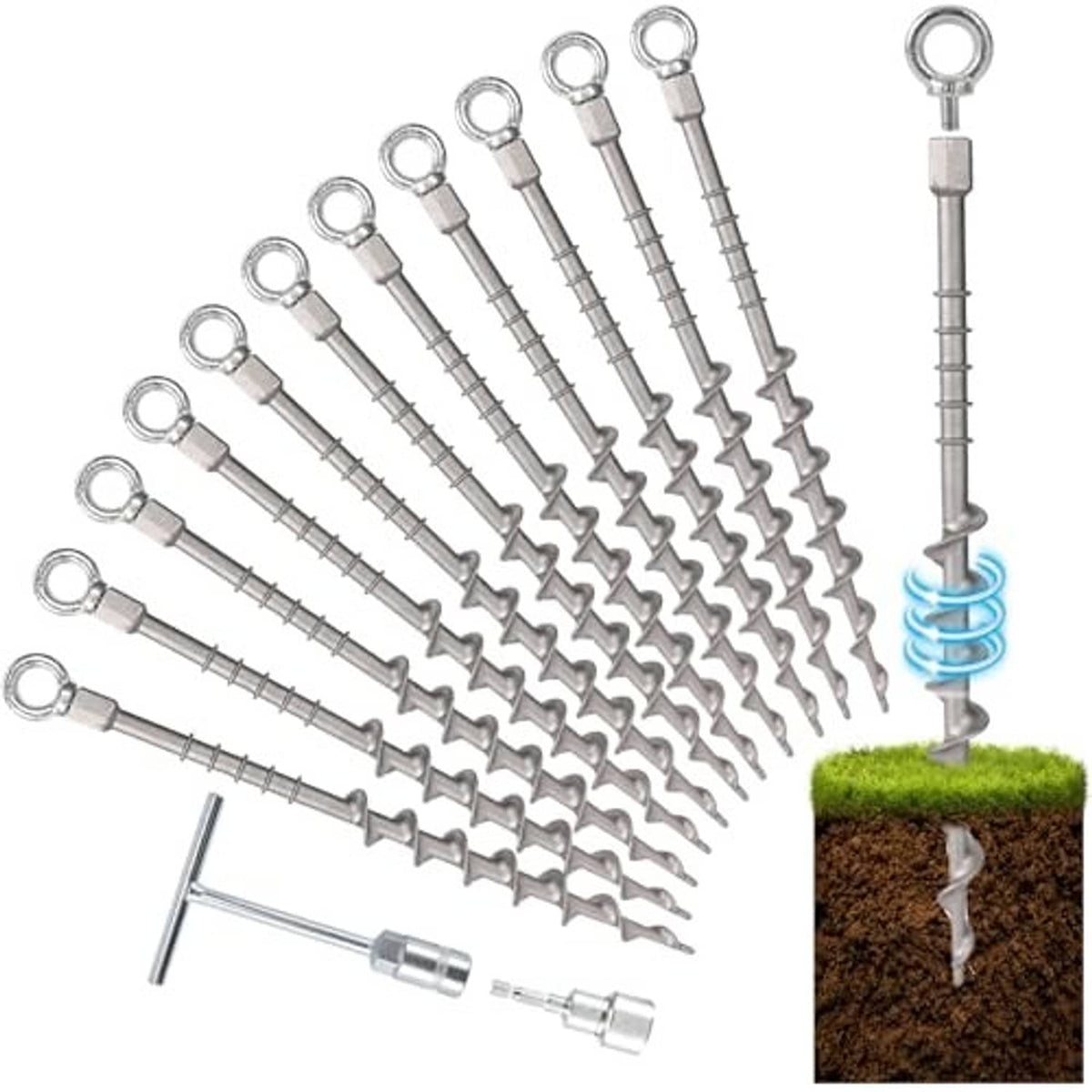 12 pack 14in ground anchors with metal eyelets and spiral threads, arranged with one installed